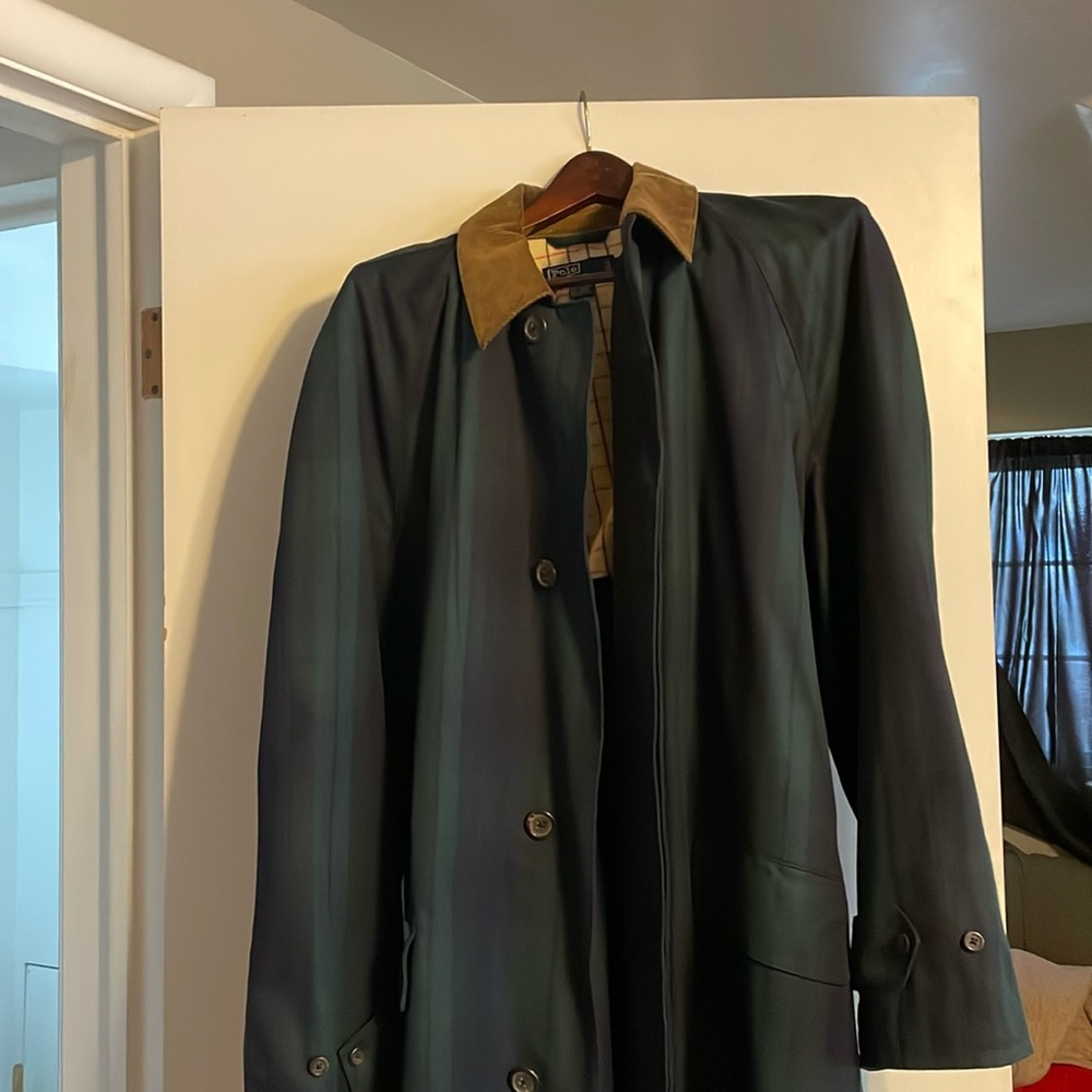 Polo black watch plaid trench coat XL